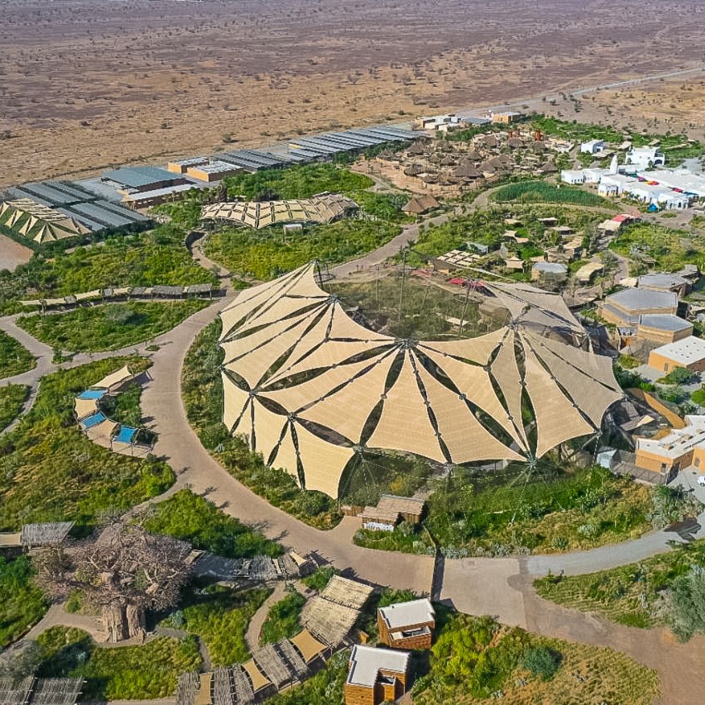 Aerial view of Sharjah Safari showcasing ecological infrastructure development, constructed wetlands, sustainable landscape design, and integrated water management systems in the UAE.