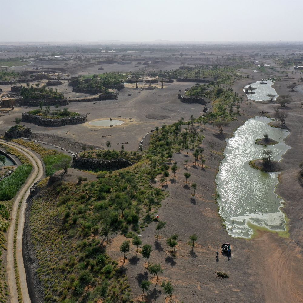Aerial view of engineered swales at Sharjah Safari Park showing water channels, desert planting and ecological landscape design by Desert Group