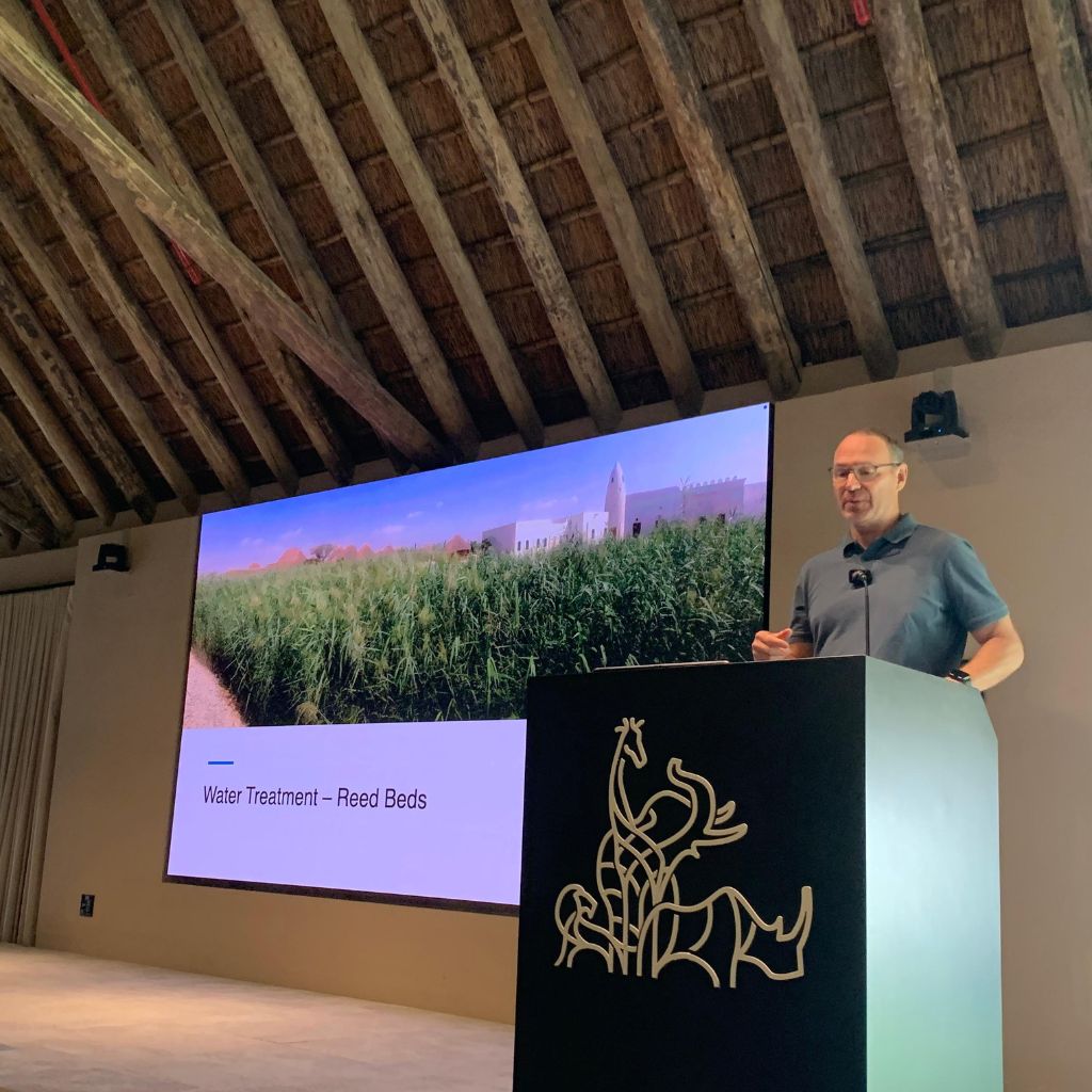 Presentation explaining constructed wetlands and reedbed filtration systems used in ecological infrastructure development.